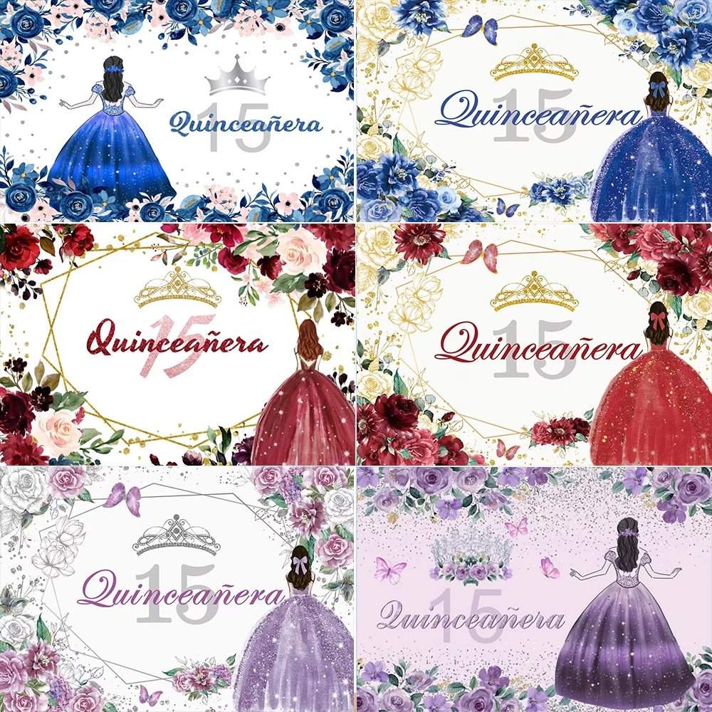 

Quinceanera Sweet 15th Princess Theme Girl Glitter Crown Flower Dress Kid 15th Birthday Party Decor Can be customized Background