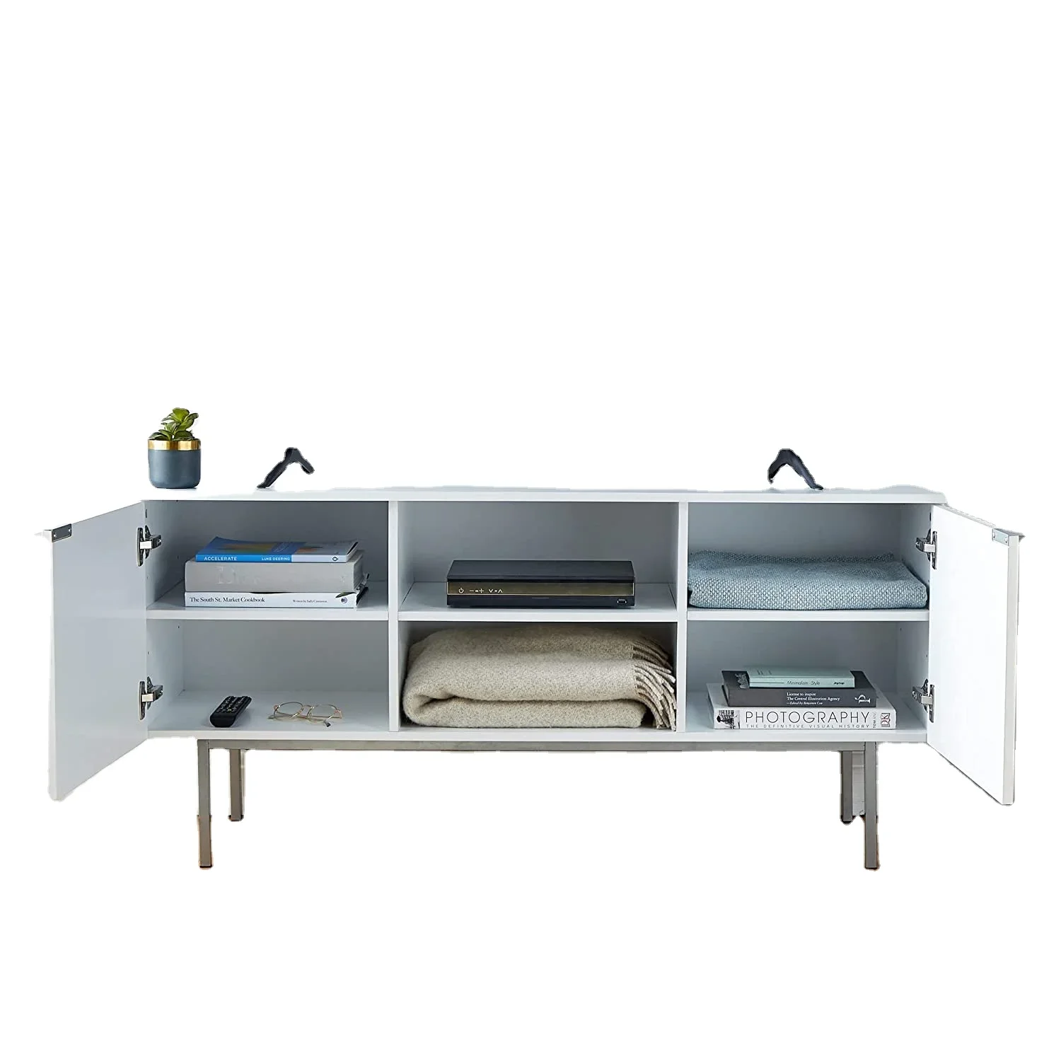 With 2 cabinets, open shelving and silver legs - living room white TV unit