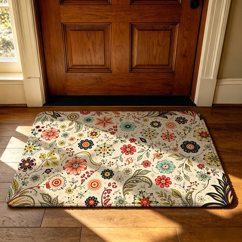 1PC Retro Hand Painted Colorful Flower Entrance Door Mat Flannel Silicone Dot Non Slip Floor Rug Fashion Home Decor Entryway