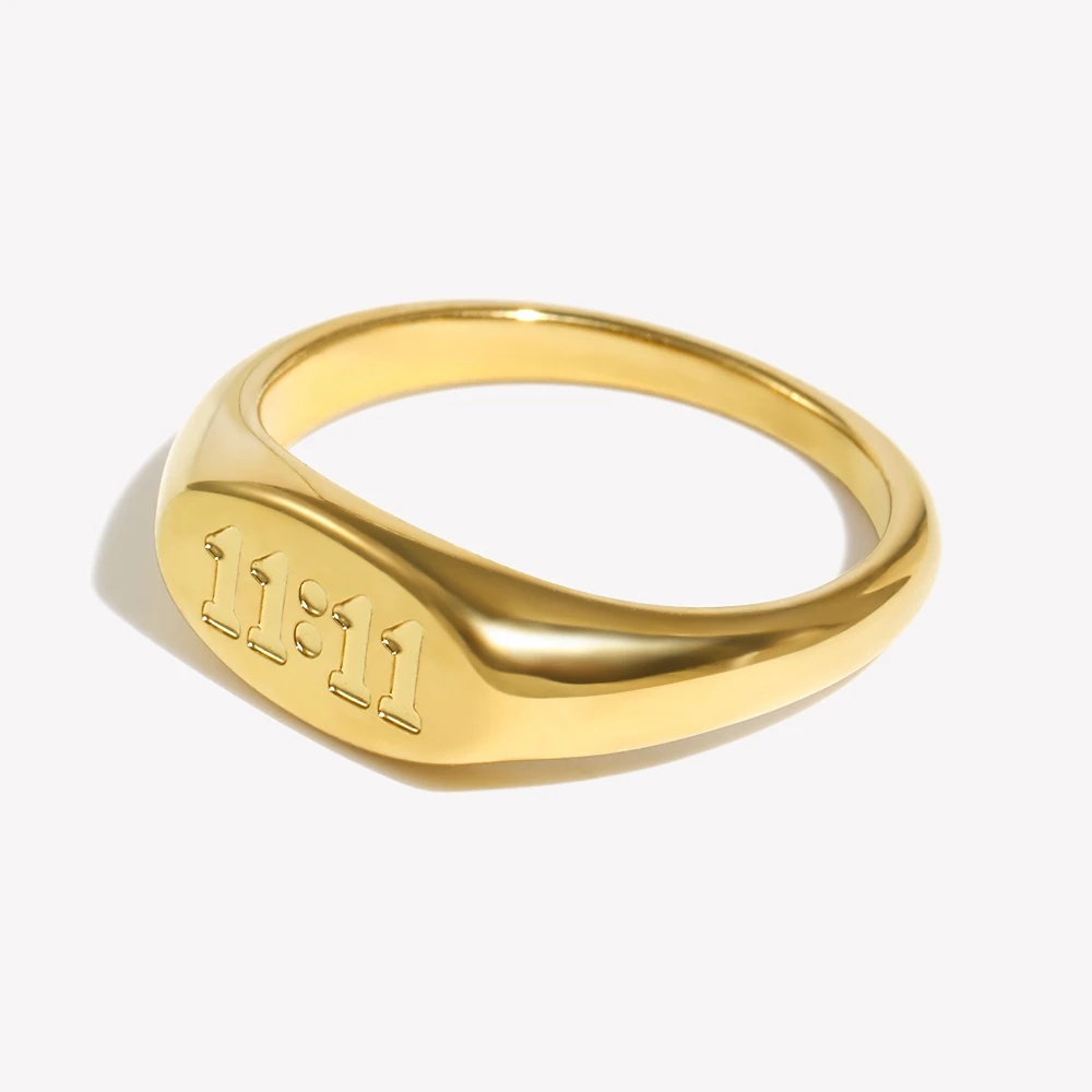 E.B.belle Stainless Steel Number 11:11 Oval Pattern Ring Suitable For Ladies Gift Gold Plated Tarnish Free Jewelry