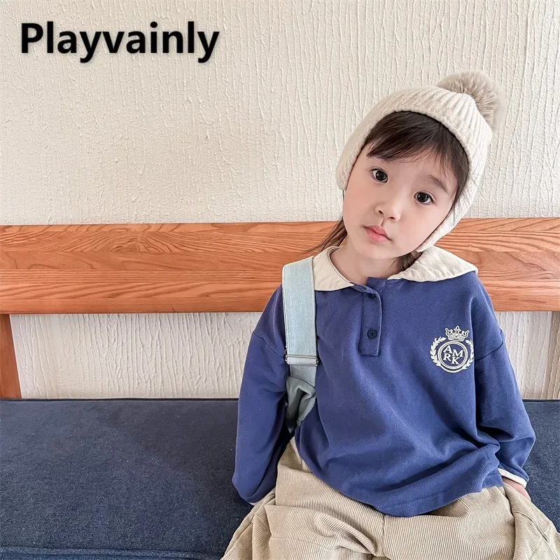

2025 New Spring Autumn Children Clothes Blue Grey Large Lapel Long Sleeve Sweatshirts Kids Girls Casual Loose T-shirt A1225