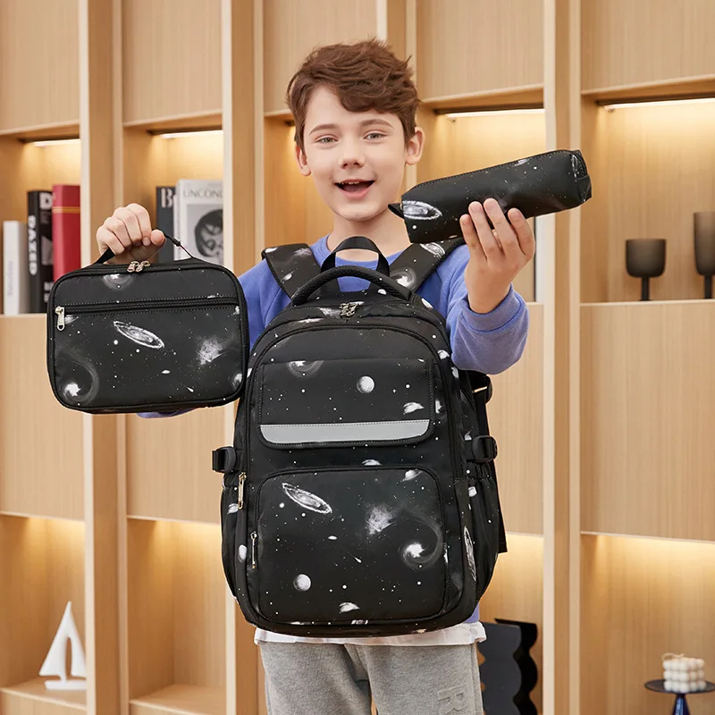 Mochilas impermeables con patrón de cielo estrellado para niños, bolsa escolar para estudiantes, bolsa de almuerzo, estuche para lápices, 3 piezas por juego