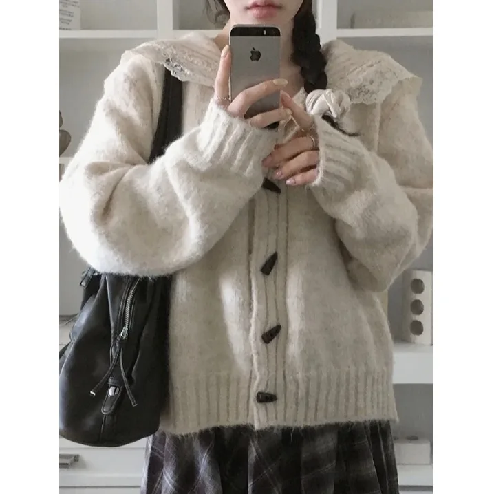 Suéter Cárdigan Abierto con Capucha y Ribete de Encaje para Mujer, Estilo Nuevo de Otoño Invierno, Color Puro, Botones, Ajust...