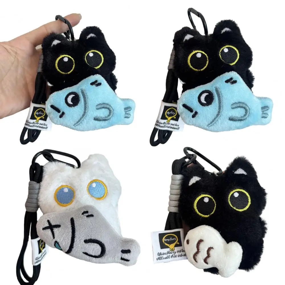 Plush Cat Pendant Cute Plush Black Cat Keychain Cartoon Cat Holding Fish Key Ring Soft Stuffed Animal Pendant for Bag Purse Gift