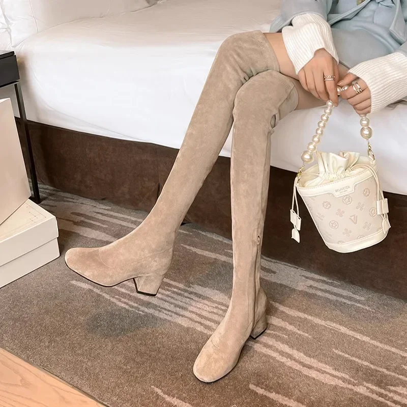 Elastic Long Faux Suede Boots Woman Over-the-knee Boots Casual Black Platform Shoes for Women Autumn Ladies Bottes 2024