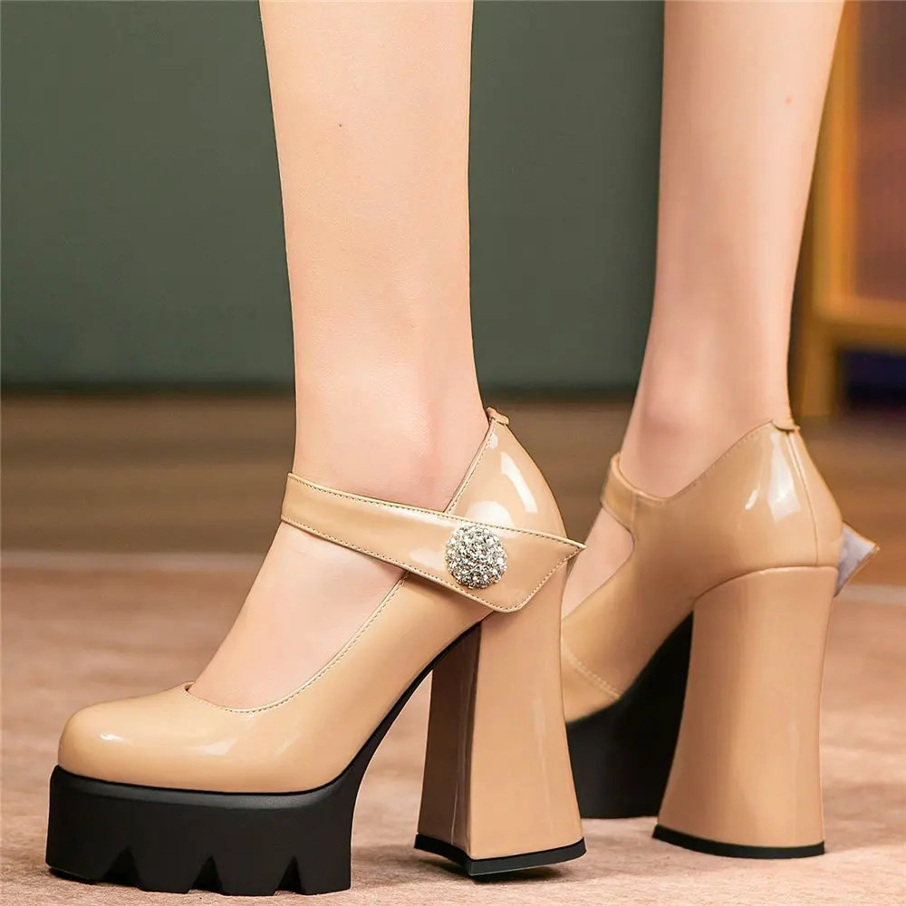 Platform Pumps Women's Bright Cow Leather Round Toe Mary Janes High Heel Party Wedding Office Casual Ankle Boots Rhinestone