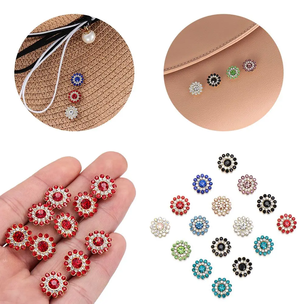 10Pcs Sparkling Steel Bottom Rhinestone Buttons Flower-shaped Crystal Glass Stone Clothes Decoration DIY Craft Hat Accessories