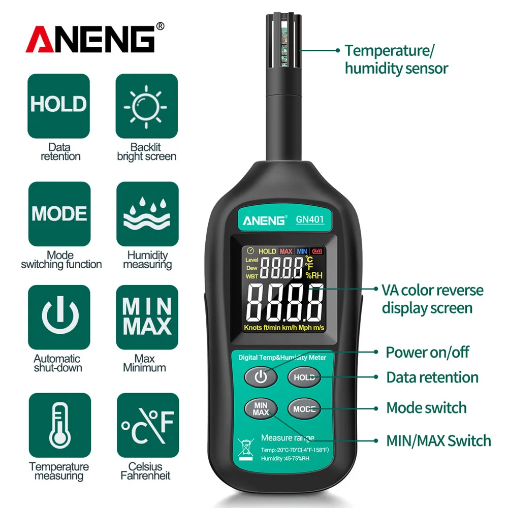 ANENG GN401 Mini miernik temperatury i wilgotności ręczny bezdotykowy precyzyjny cyfrowy termometr powietrza higrometr miernik Tester