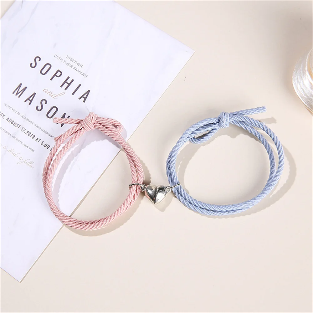 Love Magnetic Couple Bracelet Rubber Band Hand Rope Wrist Chain Jewelry Charms Women Men Bracelet with Key Lock 2pcs/Set