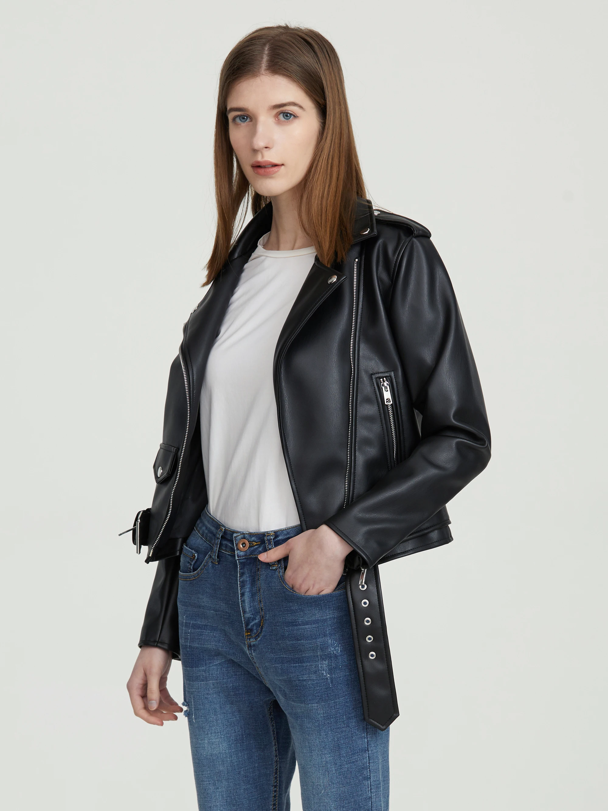 Dames Moto Biker zwarte punk jas dame met riem leren jas kunst PU lederen bovenkleding