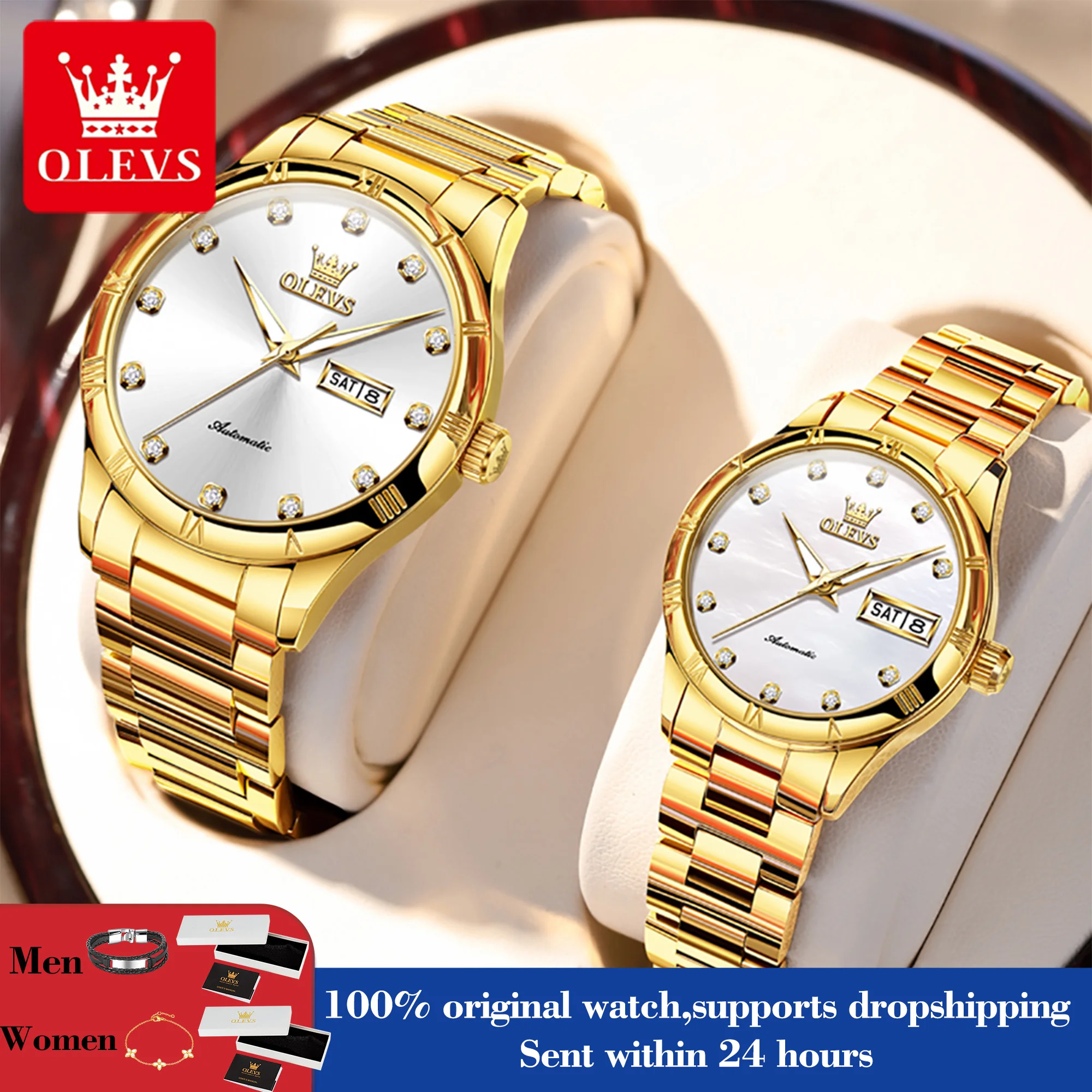 

OLEVS 7030 Automatic Watches Dual Calendar Mechanical Couple Watch For Men Women Original Stainless Steel Hand Clock Waterproof
