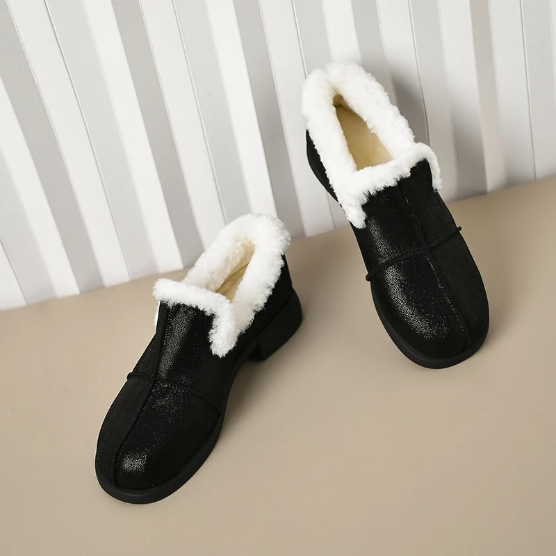 Winter New Pure Wool Women's Loafers with Stitching Decoration Comfortable Low-heeled Slip-on Woman Warm Wool Shoes Size 34-39