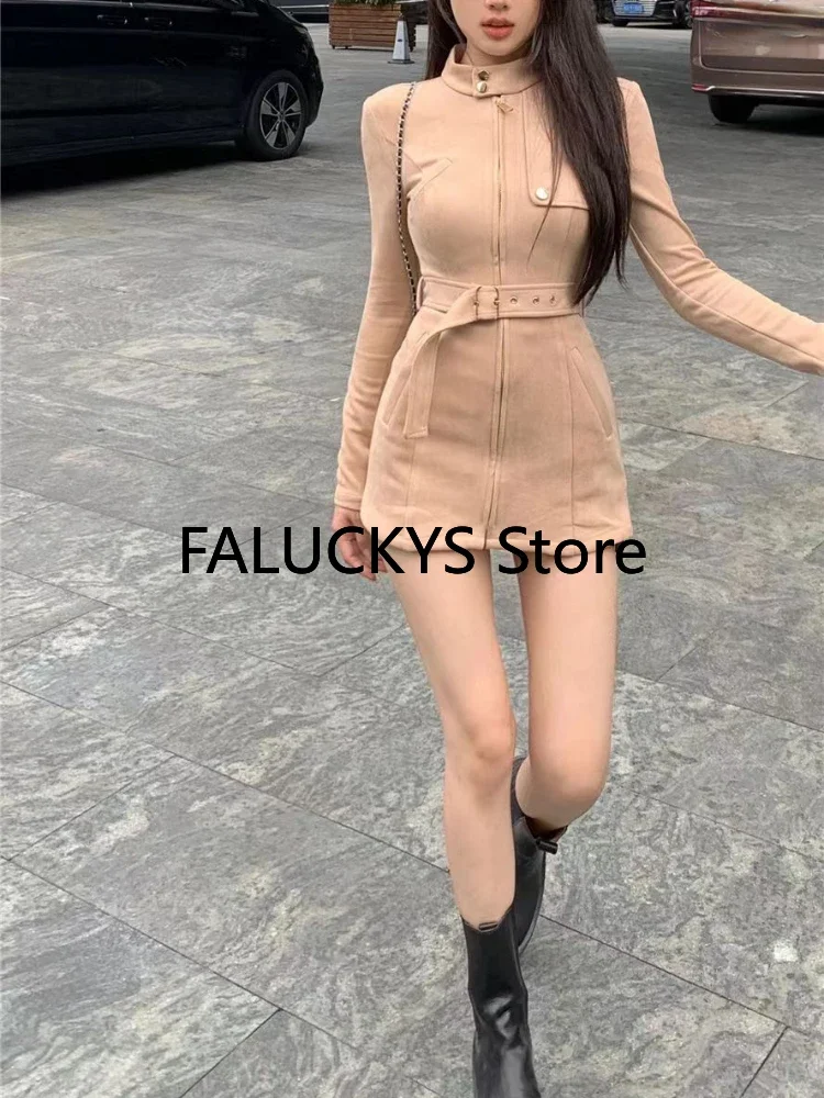 2023 Autumn French Vintage Dress Coats Women Casual Bodycon Y2k Mini Dress Office Lady Outwear Elegant Evening Party Korean