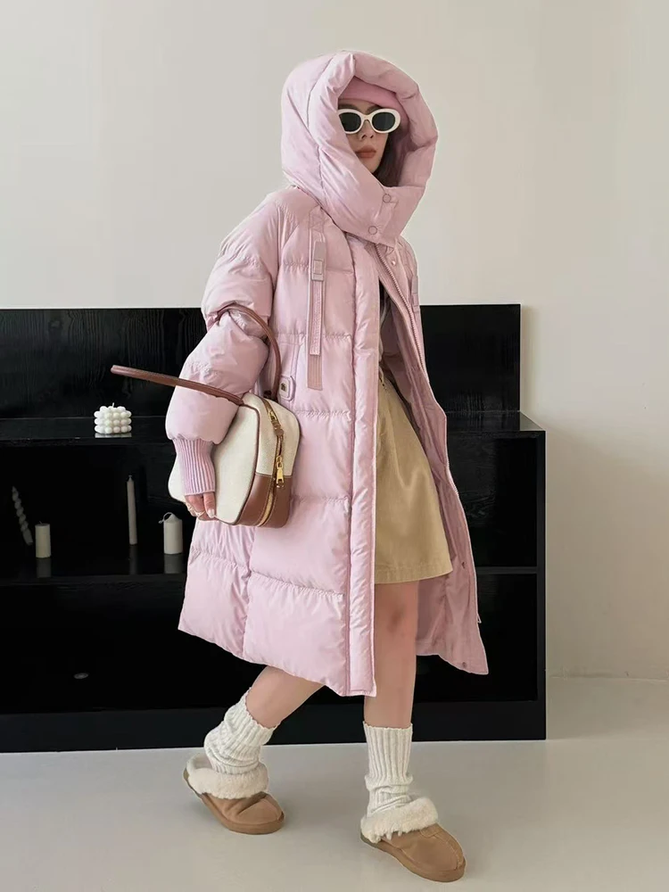 

Winter Long Fluffy Warm Hooded Down Jacket Women White Duck Down Knee Length Down Jackets Female Pocket Thicken Parker Outwears