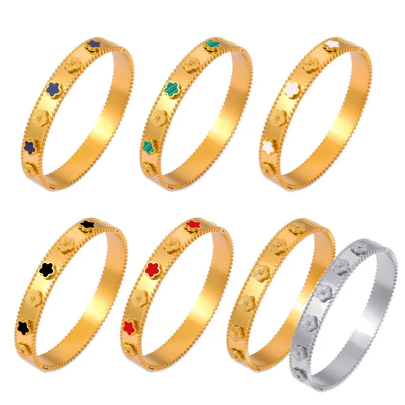 Fashion Colorful Acrylic Flower Round Bangle Women Stainless Steel Gold Plated Luxury Bracelets Wedding Jewelry Accessories