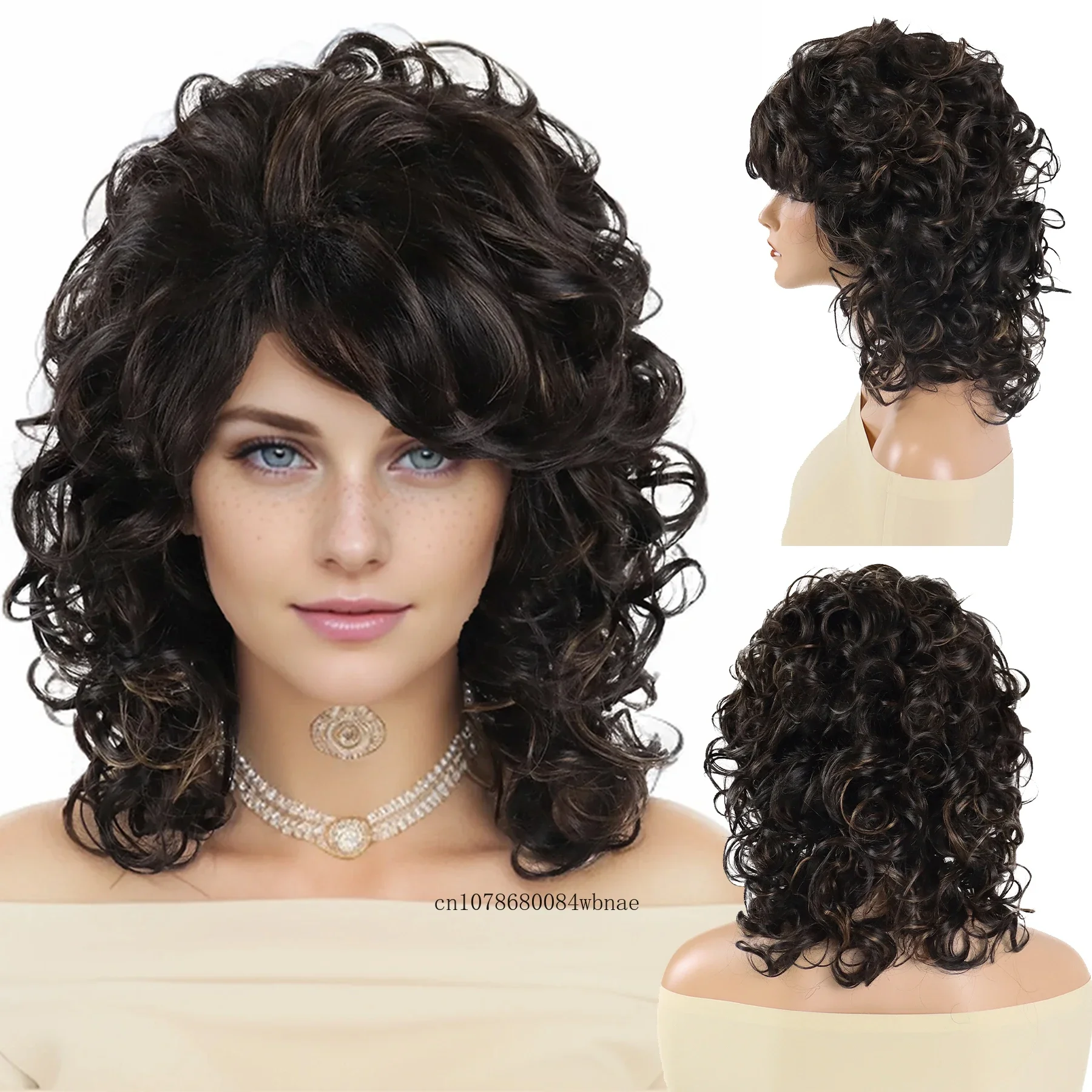 

Curly Wigs Synthetic Hair Shoulder Length Brown Wig with Bangs for White Women Fluffy Heat Resistant Fiber Afro Hairstyle Daily