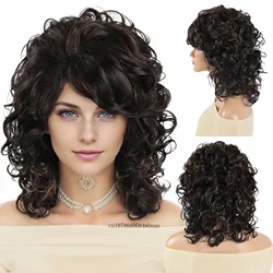 Short Curly Wigs Synthetic Hair Shoulder Length Fluffy Mix Brown Wig with Bangs for Women Afro Style Heat Resistant Daily Party