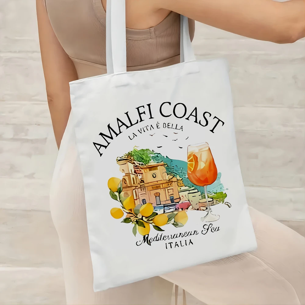 Bolso de mano de lona inspirado en la costa Amalfi, adorable diseño de taza de jugo, ligero, para llevar toda la playa, para mujer, compras de viaje de verano