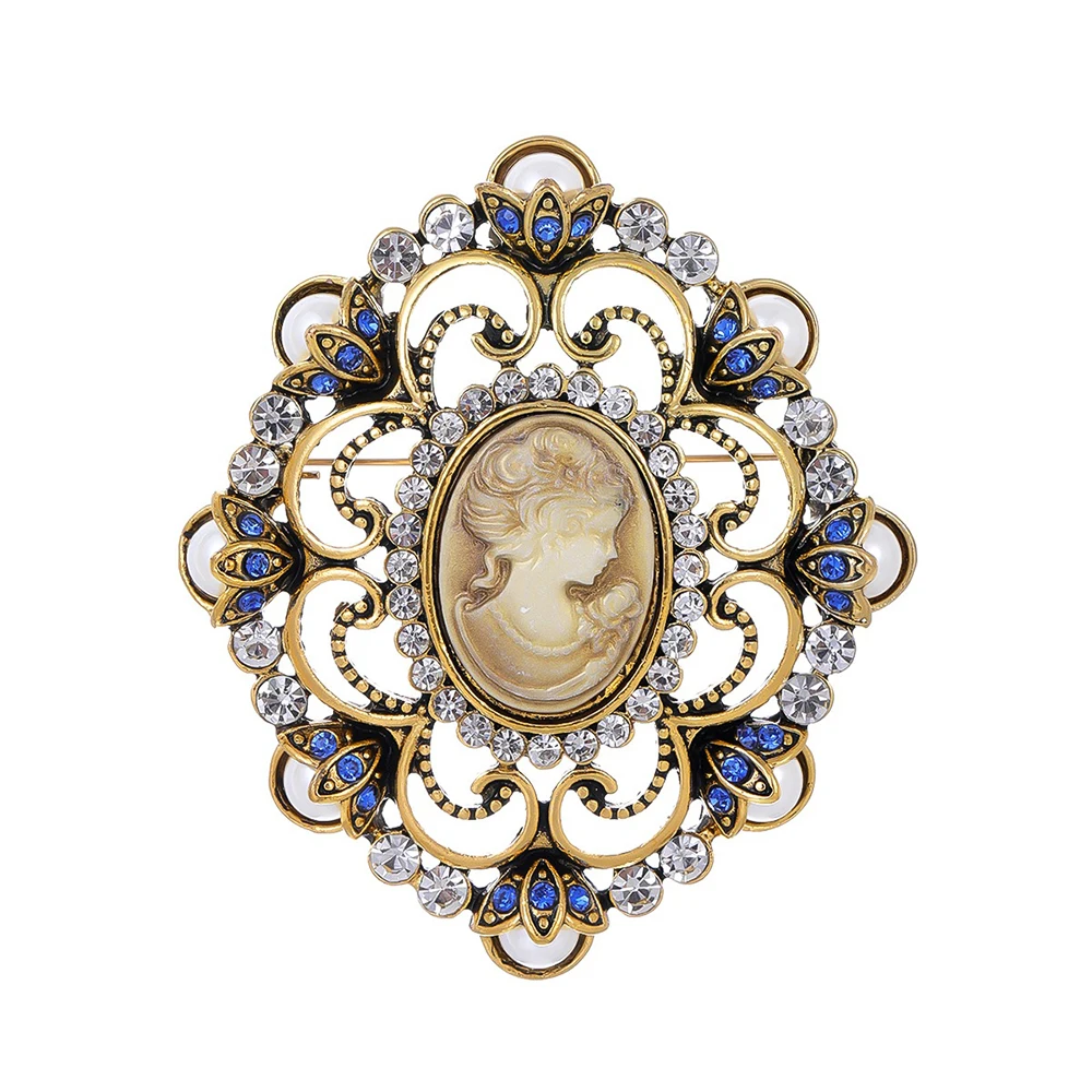 Exquisite Embossed Frame Beauty Portrait Brooch Vintage Baroque Palace Cameo Style Queen Lady Figural Design Rhinestone Brooches