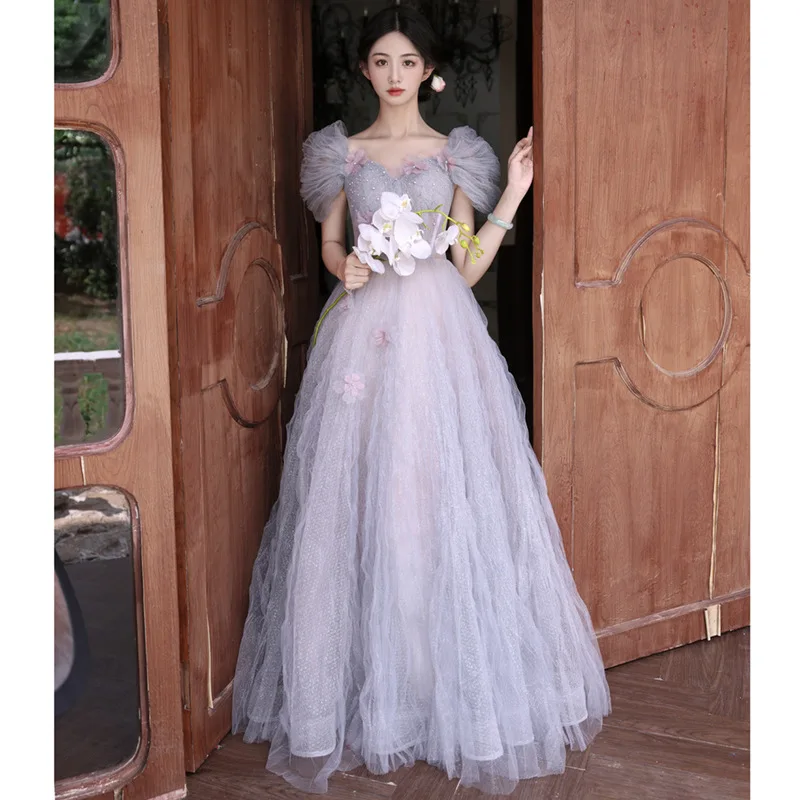 

Banquet Style Evening Dress for Women 2025 New Fairy Style Graduation Bubble Sleeves Host Adult Ceremony Art Exam Dress