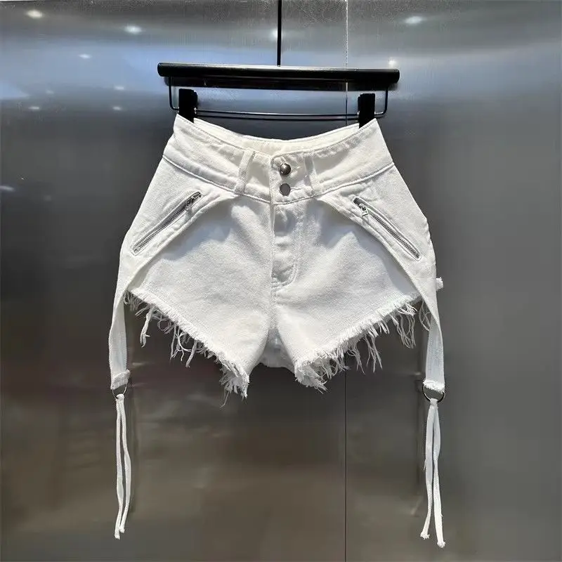 White Zipper Splicing High Waist Buckle Rough Edge Irregular Denim Shorts Summer A-word Wide-leg Hot Pants