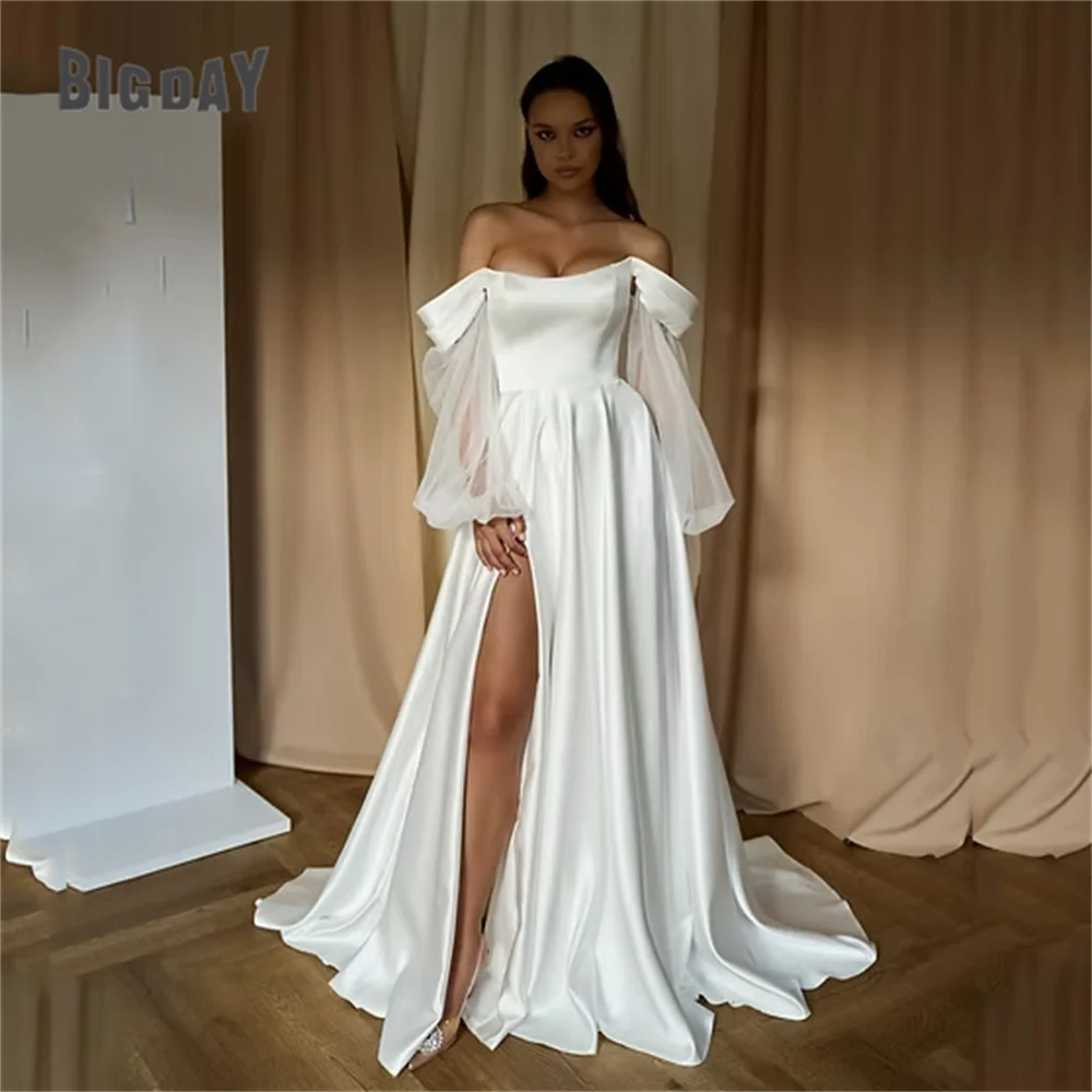 

Claasic Off The Shoulder A-Line Wedding Dress 2025 Boat Neck Long Sleeve High Slit Satin Pleat Gown Vestidos De Noiva Customized