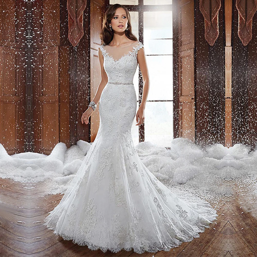 Luxury Mermaid Bridal Gown For Womens O-Neck Sleeveless Bead Sash Wedding Dress Custom Made High Quality Dresses