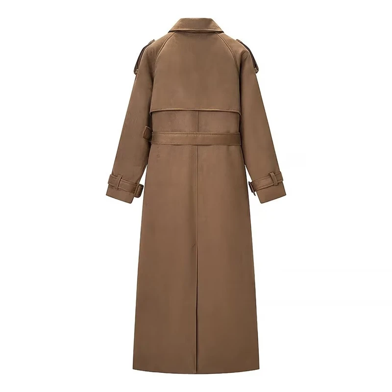 KEYANKETIAN Winter new women clothing lapel double row button shoulder patch long sleeved belt suede long windbreaker women coat