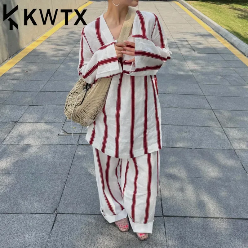 

KWTX 2025 Spring Summer Linen Two-Piece Set Women’s Red White Stripe Shirt Pants Minimalist Luxury Elegant Premium Casual Outfit
