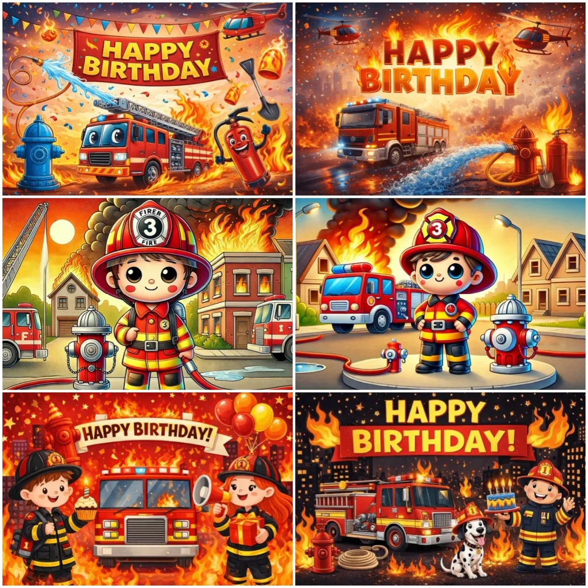 Cartoon Firetruck Firefighter Banner Children Birthday Party Decoration Background Red Fire Truck Boy Photography Backdrop Props