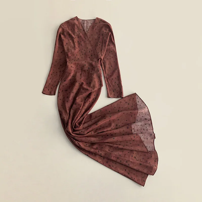 

Withered Printed Wrapped Lace Up Long Sleeved Silk Dress Woman Clothes Dress Elegant Party Dresses Vestidos Women's Dress
