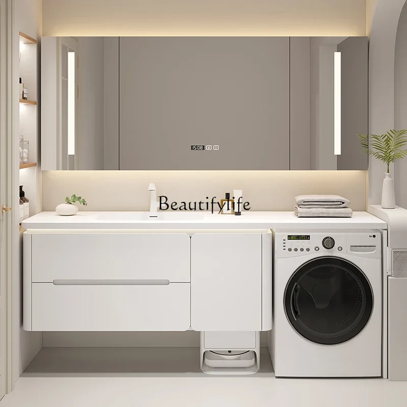 Washing machine integrated cabinet rock slab seamless basin bathroom cabinet hand wash table