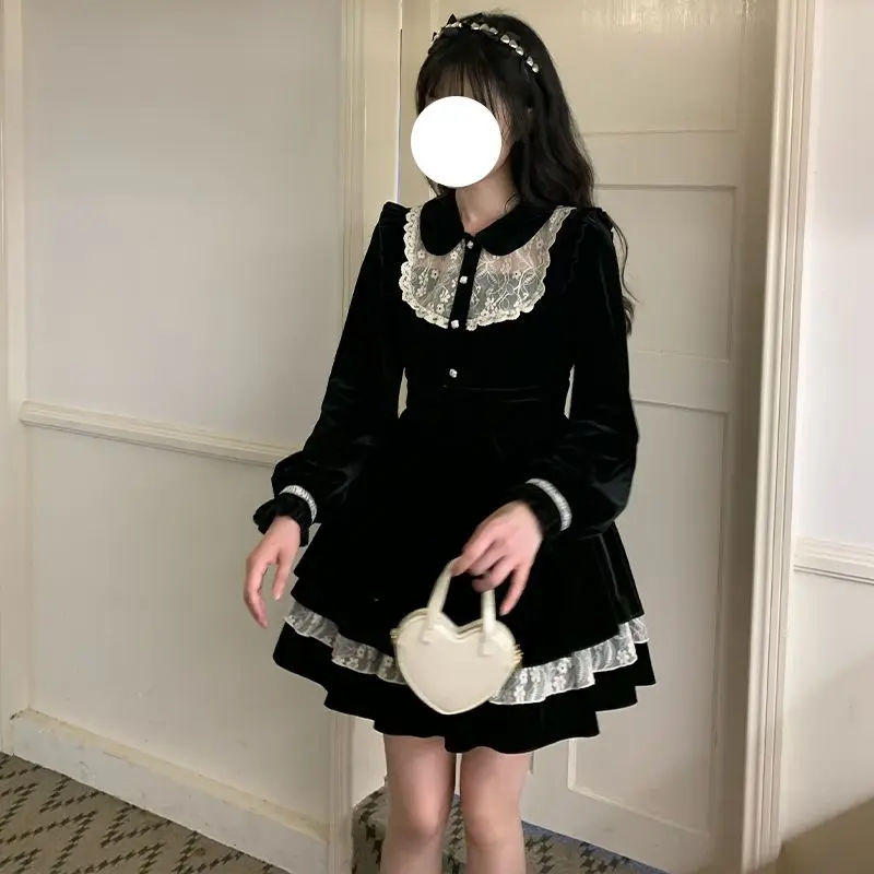 Japan Black Velvet Dresses Basic Wear Cute Sweet Japan New Year Date Girl Ruffles Lace Little Black Mini Dress