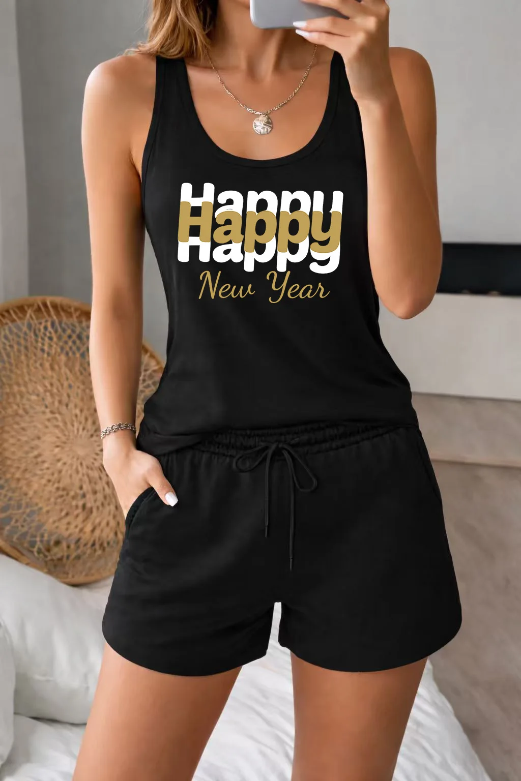 

Women's Print Tank Top and Shorts Set Black Casual Sleeveless Drawstring Two-Piece Outfit for Holiday Party or Daily Wear
