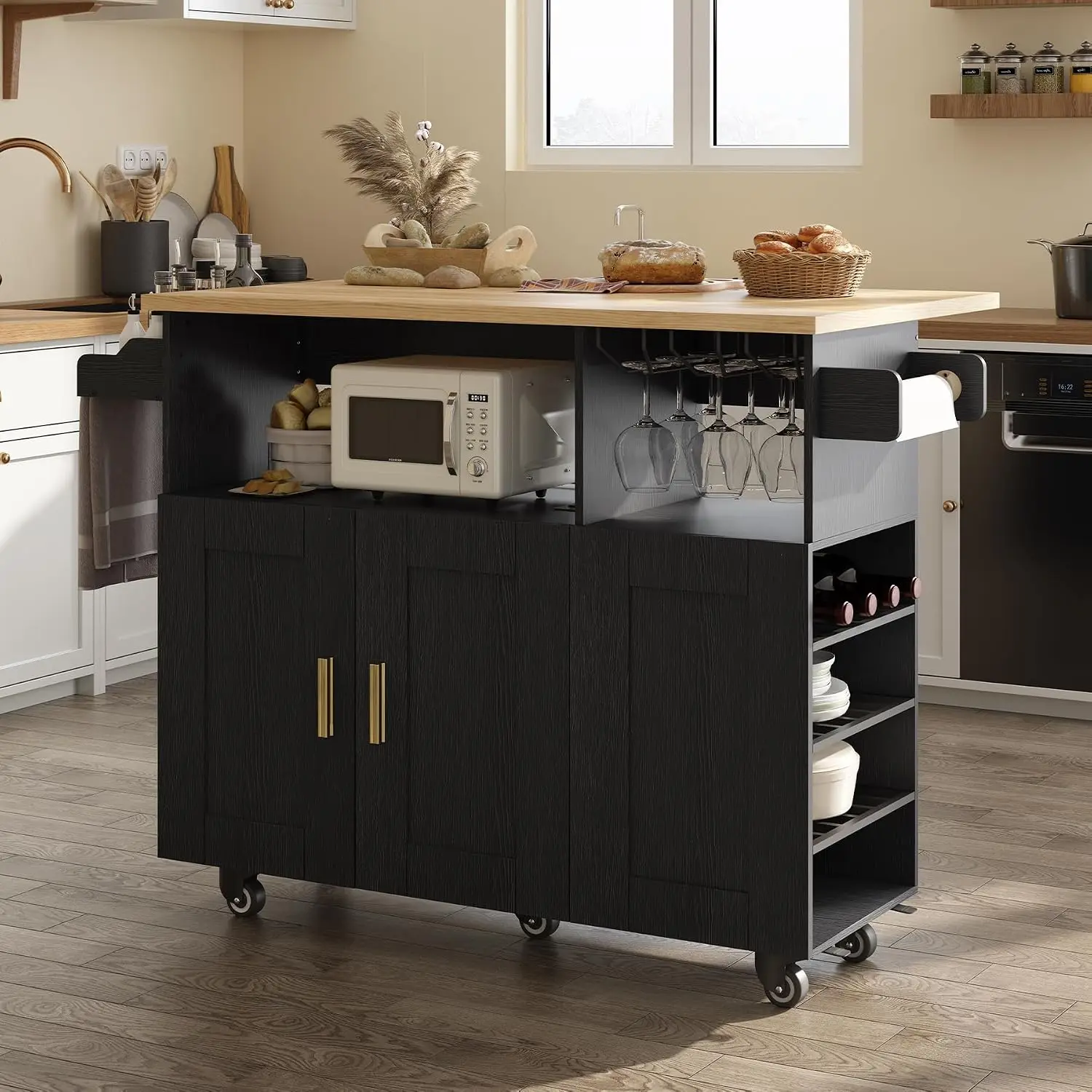 Rolling Mobile Kitchen Island with Storage and Drop Leaf, Island Table with Countertop Power Socket and Wheel (Black, Model 1.2)