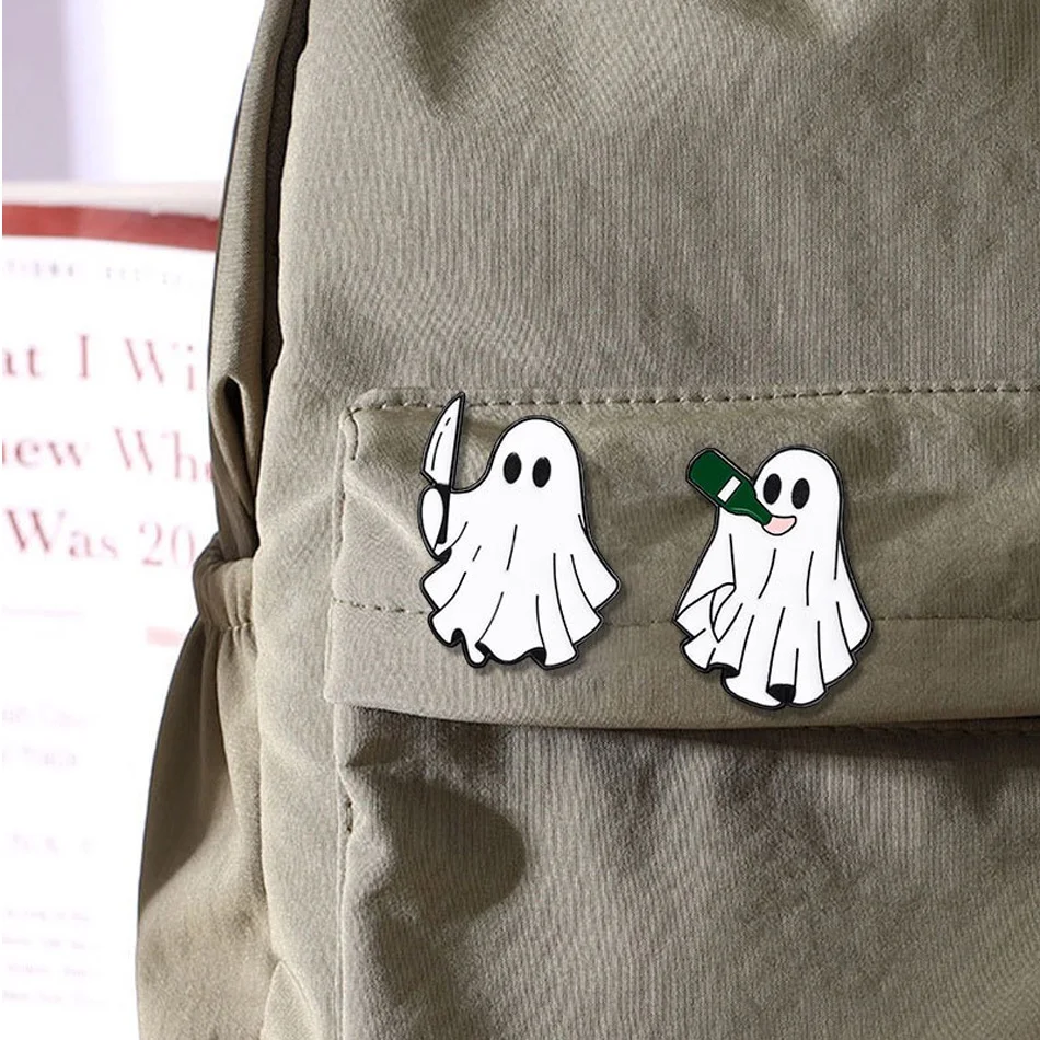 4PCS Cartoon Halloween Ghost Goblin Enamel Pins Knife Heart Boo Wine Spook Design Brooches Bag Backpack Dress Badge