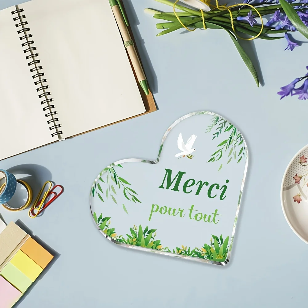 French Thank You Quote Heart Acrylic Stand, Peace Dove Botanical Border Sentimental Keepsake Gift Merci Pour Tout Clear Heart Acrylic Sign, Willow Leaf Green Plant Desktop Shelf Ornament