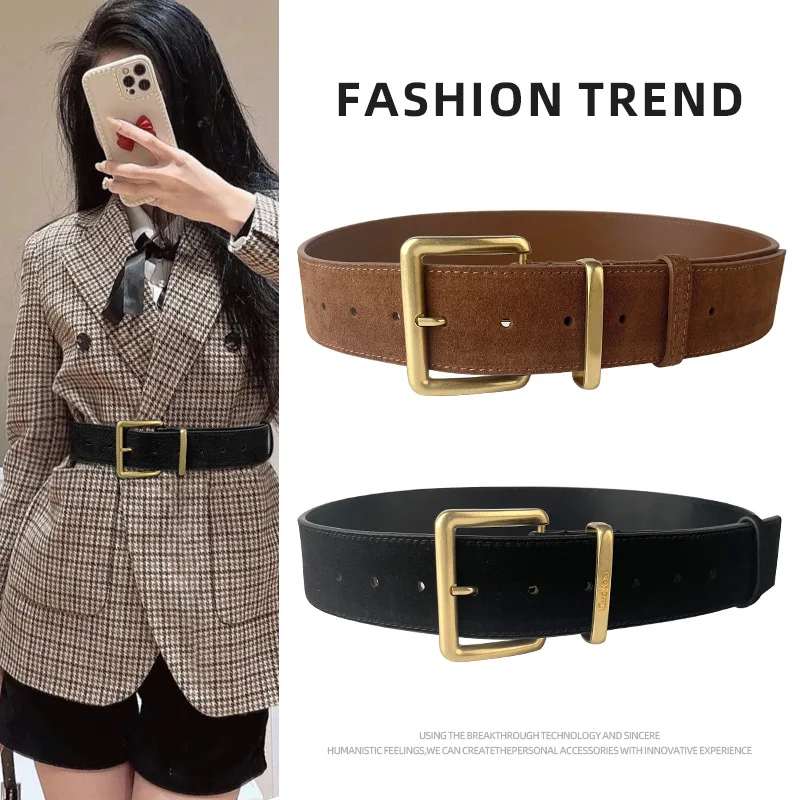 Cow Suede Leather Wide Waistbands for Women  Simple Design Pin Buckle Adjustable Waist Belts Autumn Dress Leather Ceinture Homme