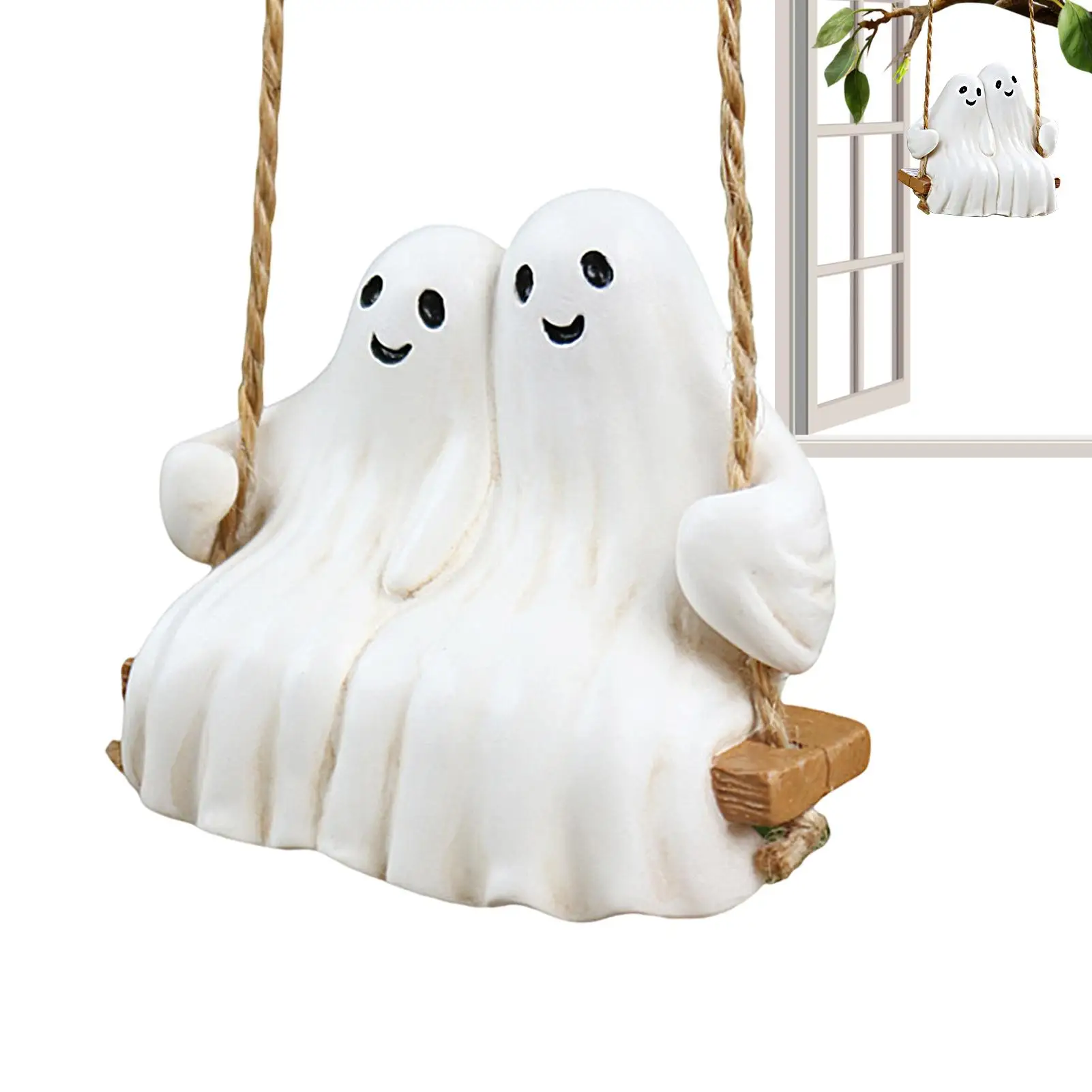 Cute Swing Ghost Couple Garden Statue Outdoor Halloween Decoration Resin Sculpture Interesting Tree Hanging Ornament