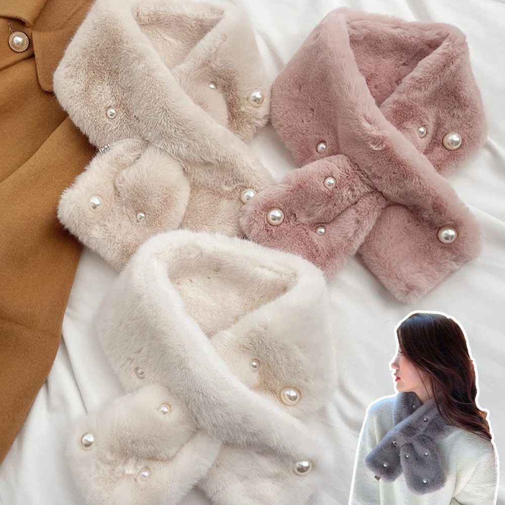 Winter Plush Scarf for Women Thicken Rabbit Fur Pearl Scarves Outdoor Warm Fur Cross Scarves Girls Soft Neck Warmer Scarf