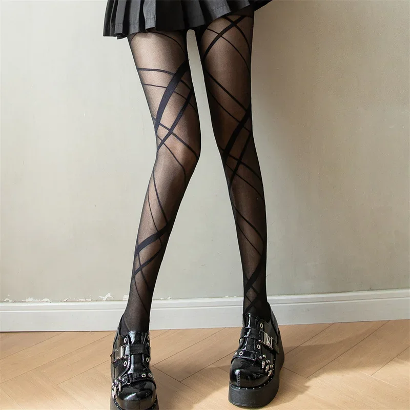 

Сексуальные ультратонкие шелковистые колготки с перекрестными завязками и принтом, облегающие, модные чулки-колготки для женщин