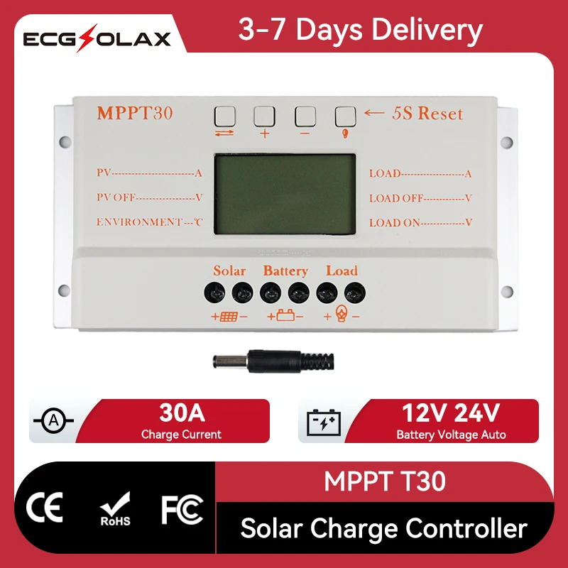 

ECGSOLAX 30A MPPT Контроллер заряда солнечной батареи ЖК-дисплей 5 В USB Выход 12 В 24 В Автоматическая солнечная батарея Солнечная панель Домашний регулятор зарядного устройства