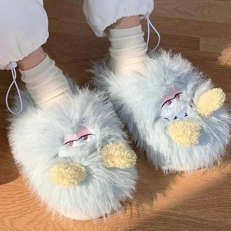 Cute cartoon monster head wrapped cotton pantofole winter girl heart home indoor leisure soft bottom warm fur cotton shoes