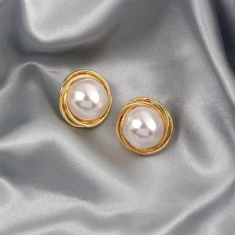 Pendientes de Perlas de Imitación Grandes y Redondos para Mujer, Color Dorado, con Borde Decorativo, Joyería para Fiesta, Boda, Regalo de Navidad