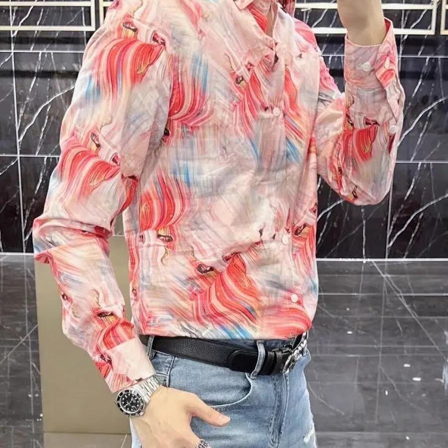 Men Spring Autumn Printed Long Sleeve Shirt Slim Fit Premium Ironless Fashion
