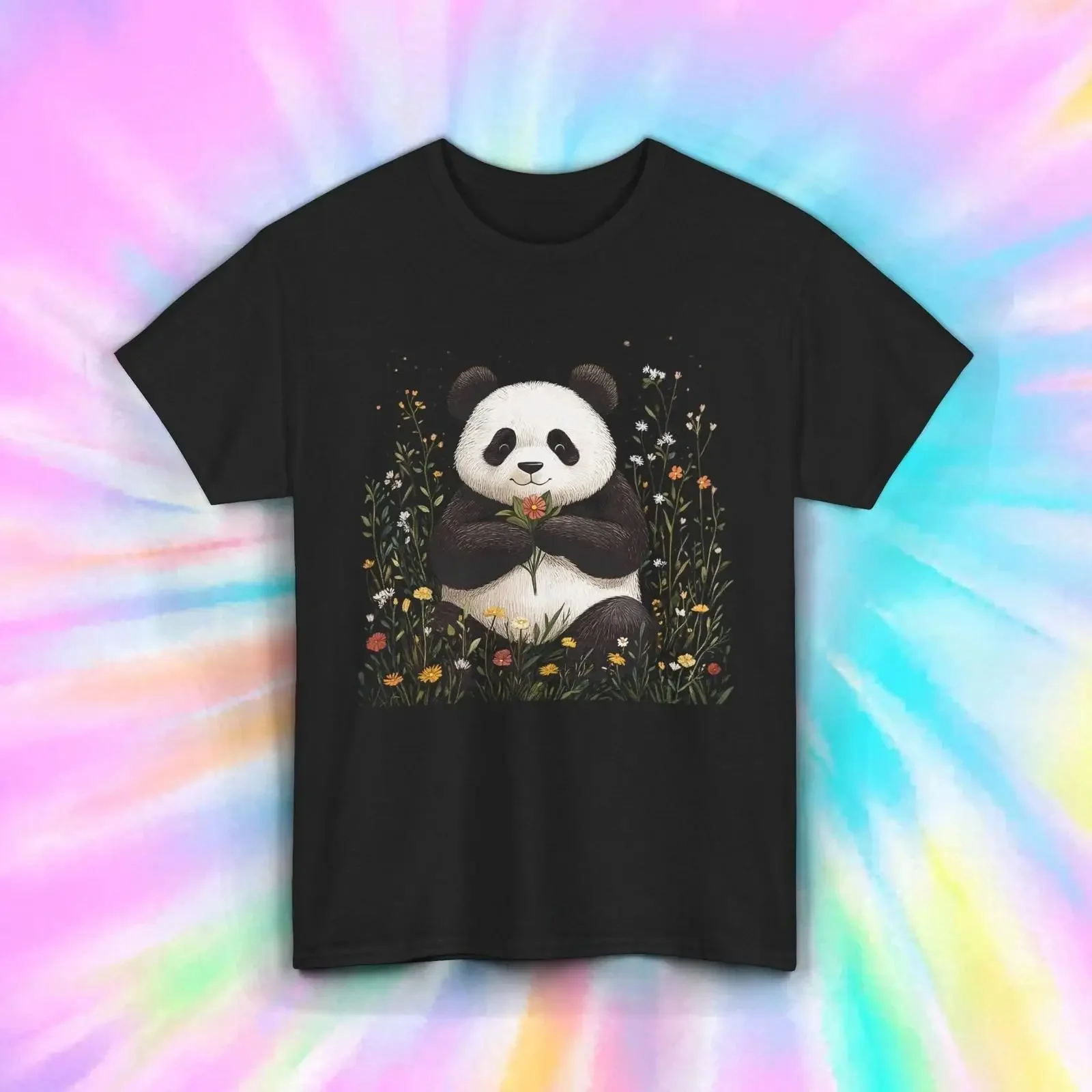 Cute Panda T Shirt Floral Meadow Animal Lover S 5XL vintage Washed Stretched Slightly homme Stylish graphic fashion Soft