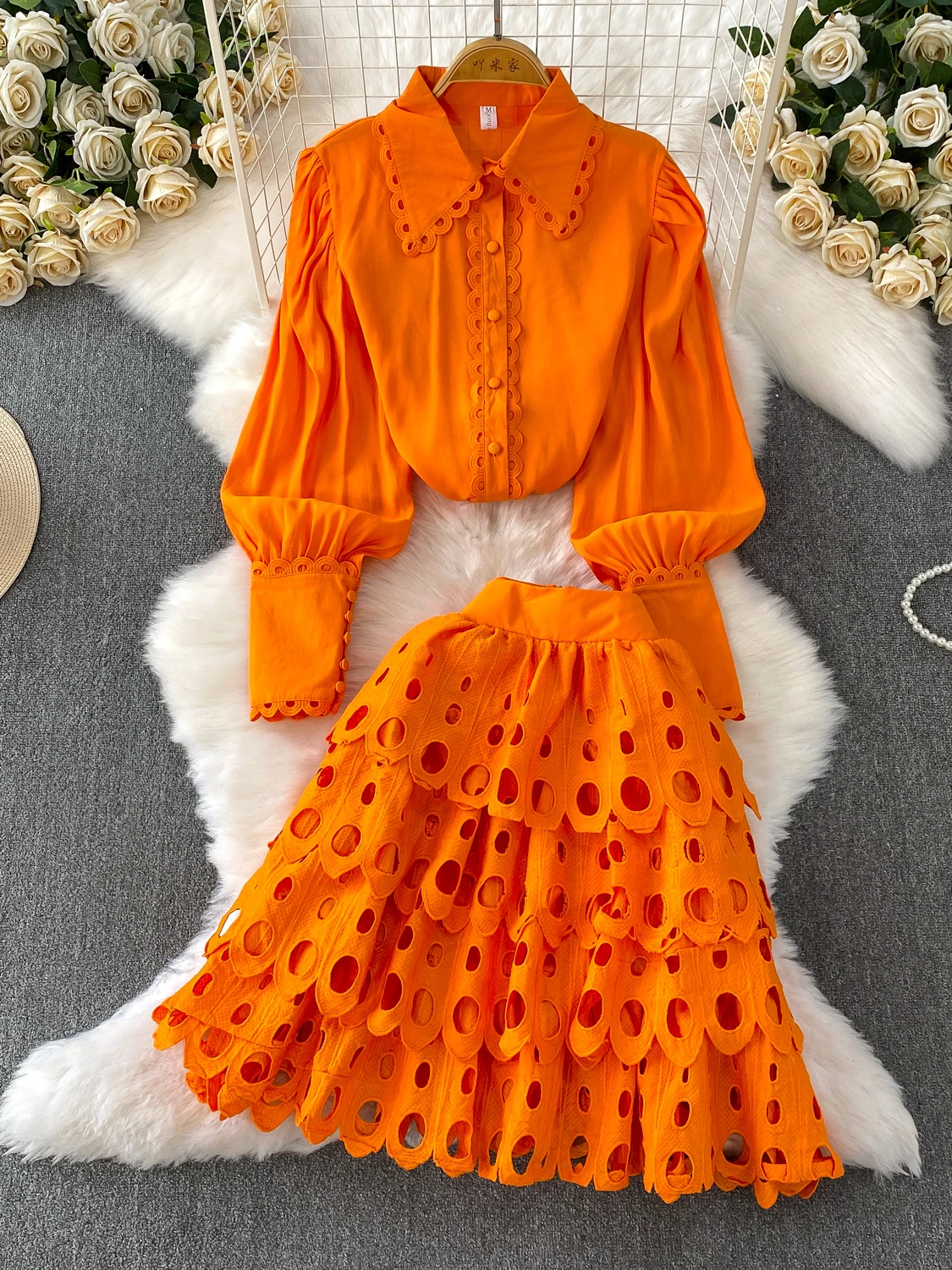 

White Enhancing Orange irt with Lantern Sve And Collar plus Hollow out Inner irt Cake Skirt Set Autumn 2025 Faion