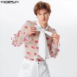 INCERUN Men's Shirt Printing Mesh Patchwork Lace Up Long Sleeve Men Clothing Transparent Streetwear Sexy 2024 Fashion Camisas