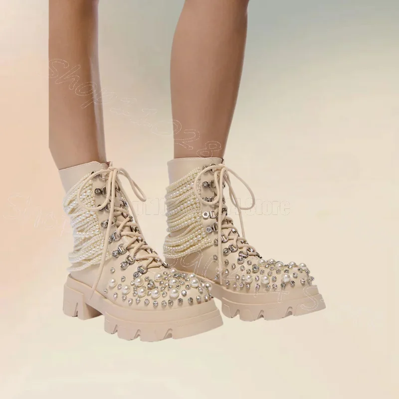 

Beige Pearl Crystal Decor Wave Pattern Bottom Boots Slip On Women Shoes Chunky High Heels Party Banquet 2024 Zapatos Para Mujere