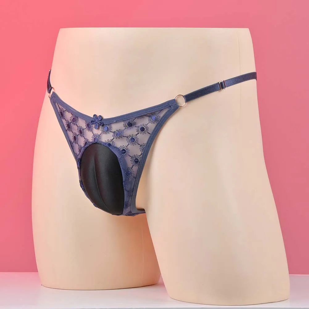 Men Lace Embroidery Gay Sissy G-string Thong Adjustable Bikini Pouch Padded Brief Sexy Accessories Hot Underwear Men's Panties
